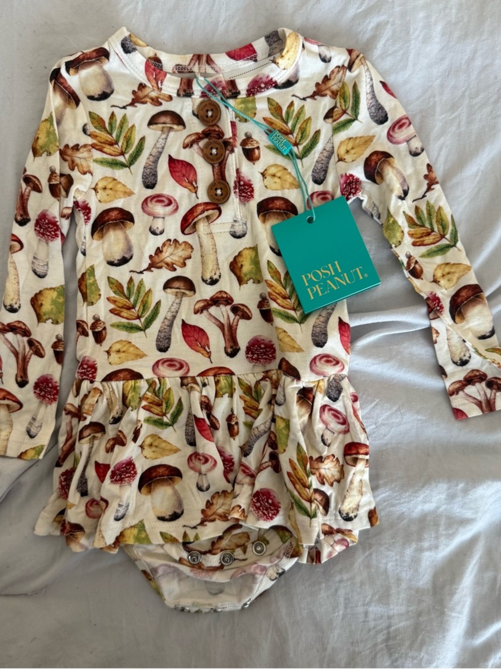 Posh Peanut Cream Mushroom & Leaf Print Snap Dress